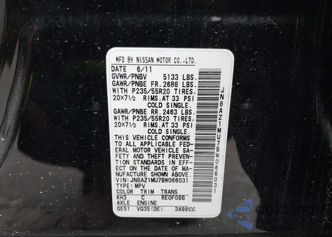 2011 Nissan Murano Le z USA, uszkodzony, nr VIN JN8AZ1MU7BW066031